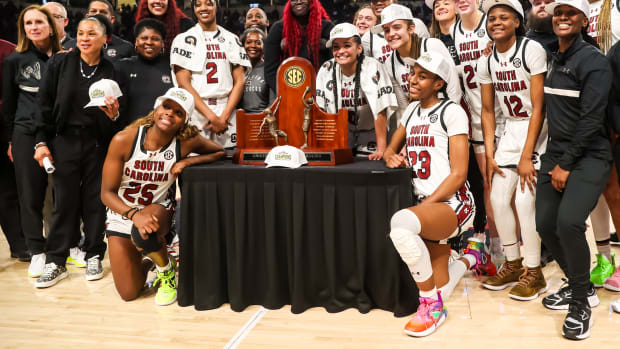 South Carolina Gamecocks players celebrate winning the SEC regular season title.